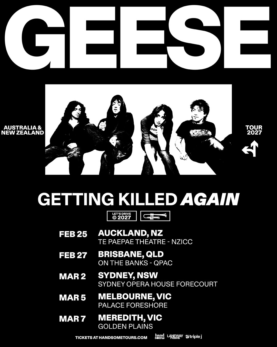 Tour poster for Geese Getting Killed Again 2027 Australia & New Zealand tour listing concert dates.